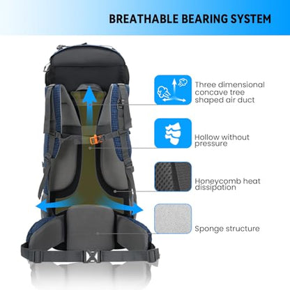 Bseash 80L Waterproof Hiking Camping Backpack with Rain Cover, Lightweight Outdoor Sport Travel Daypack for Climbing Touring (Navy Blue) - color: Navy Blue