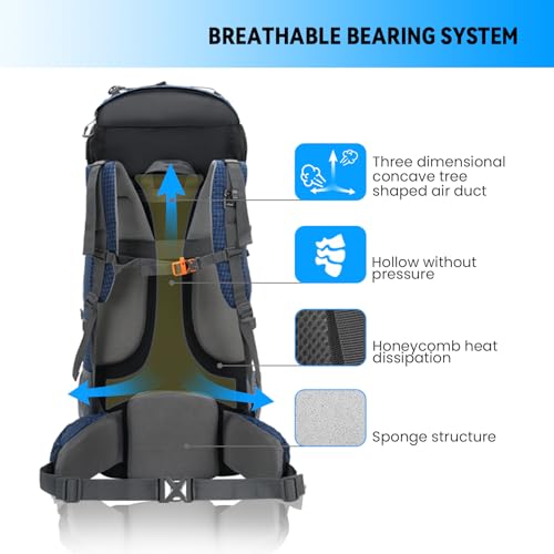 Bseash 80L Waterproof Hiking Camping Backpack with Rain Cover, Lightweight Outdoor Sport Travel Daypack for Climbing Touring (Navy Blue) - color: Navy Blue