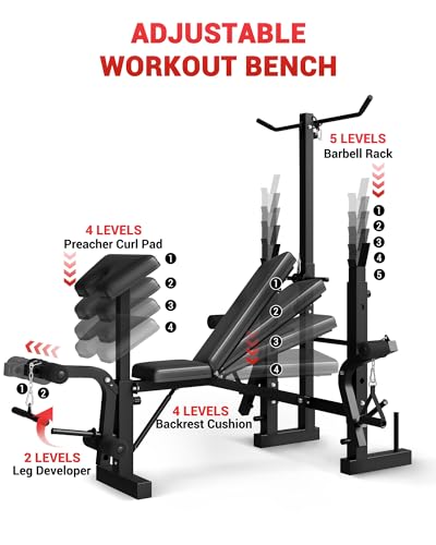 GarveeTech 8-in-1 Weight Bench Set for Home Gym, Foldable Workout Benchs with Preacher Curl Pad, LAT Pulldown and Leg Extension Leg Curl, Bench Press for Full Body Exercise