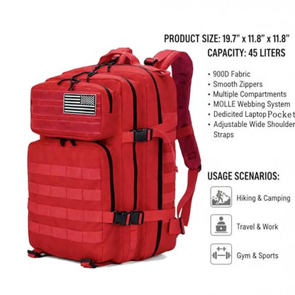 45L Military Tactical Backpack for Men & Women Bug Out Bag Assault pack Molle Daypack Hiking Trekking Rucksack(Red) - color: Red