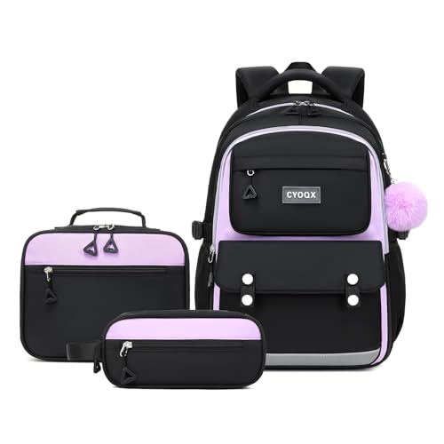 CYOQX 3PCS School Backpack for Girls with Lunch Box Teen Girl Backpack Set Elementary Middle High School Bag Large Cute Bookbags Kids Book Bag - color: Black Purple 3pcs