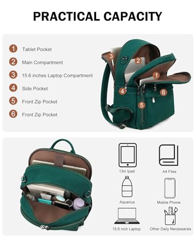 FADEON 15.6 inch Laptop Backpack Purse for Women Designer PU Leather Computer Backpacks Fashion for Work Travel Green - color: Dark Green Nubuck Style