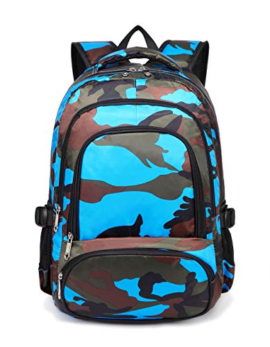 BLUEFAIRY Kids Backpacks for Boys Girls 17 Inch Elementary Primary Middle School Bookbags with Laptop Compartment Back to School Bags for Childs Age 6-8 Mochilas Escolares para Niños Niñas Camo Blue - color: Black/Blue