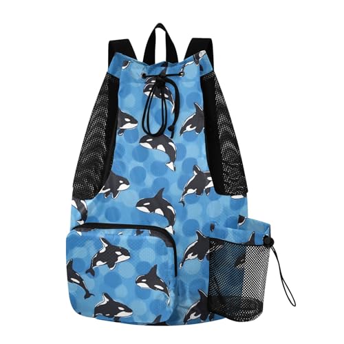 Bolaz Beach Drawstring Backpack Mesh Swim Bag for Men Women Orca Whale Blue Swimming Gym with Wet Pocket Packable Sports - color: Orca Whale Blue