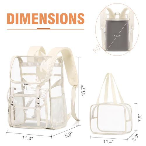 DIGOBAY Clear Backpack with Lunch Bag Set, Leather Clear Backpack Heavy Duty Thick PVC Bookbag Fashion See Through Transparent Backpacks with Support Pad for College Travel Work Beige - color: Beige
