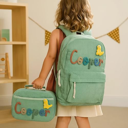 Dyoart Personalized Kids Backpack and Lunchbag Toddler Back to School Kit Custom Name Lunchbox Bag Birthday Gift for Girls Boys Corduroy Toddler Backpack Kid Tote Bag Set