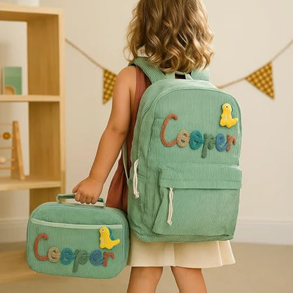 Dyoart Personalized Kids Backpack and Lunchbag Toddler Back to School Kit Custom Name Lunchbox Bag Birthday Gift for Girls Boys Corduroy Toddler Backpack Kid Tote Bag Set