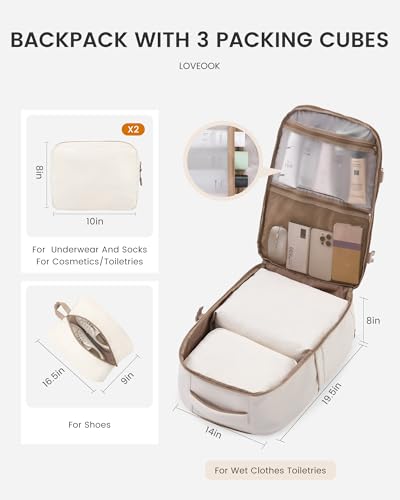 LOVEVOOK Travel Backpack,50L Carry On Backpack Large Fits 18" Laptop,TSA Personal Item Travel Bag with 3 Packing Cubes,Water Resistant Laptop Bag Travel Essentials for Weekender Business Hiking - color: Beige White-khaki, size: 18 Inch