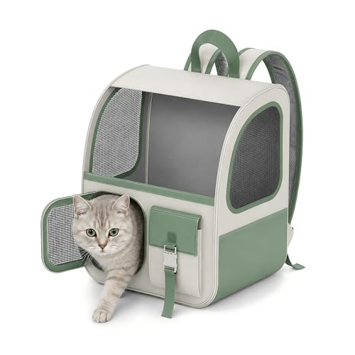 Large Cat Backpack Carrier with Front Window & Super Large Space, Designed for Long Adventures Travel Hiking, Pet Carrier Backpack for Cats Small Puppies up to 16.5lbs, Green White