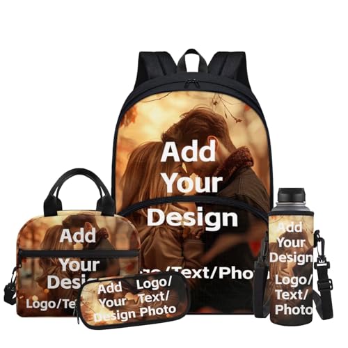Custom Backpack for Girls Boys Backpack with Lunch Box Water Bottle Carrier with Strap and Soft Pencil Case 4Pcs Set 17" Bookbag with Large Front Pocket Sturdy School Bag for Kids Elementary - color: Customized