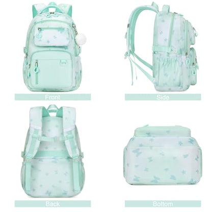 Bevalsa Backpack for Girls 3PCS Teen Girls Backpack for School with Lunch Bag Pencil Case Green Cute Kids Laptop Backpacks Bookbag for Elementary Middle High School College Student (Butterfly) - color: Green Butterfly