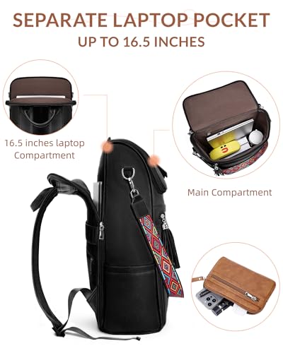 SYTRAH Leather Laptop Backpack for Women Designer Laptop Bag, 16.5 inch Travel Computer Backpacks Purse with Tassel for Work Business with Satchel Purse Black - color: Purse Black