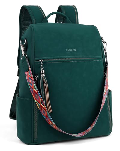 FADEON Leather Laptop Backpack for Women Designer 15.6 inch PU Laptop Bag, Ladies Travel Computer Work Backpack Green - color: Dark Green Suede Style