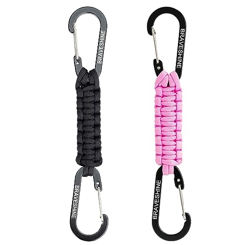 BRAVESHINE Paracord Keychain Carabiner Clip, D Ring Lanyard Hanger Stroller Hook for Water Bottle, Key, Backpacks, Men, Women - color: 1 Black 1 Pink
