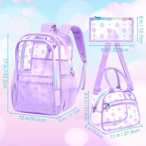 gxtvo 3PCS Clear School Backpack Heavy-Duty Set for Women & Teen Girls, 17" Purple See Through Bookbag with Rainbow Strap, Cute Star Transparent Bag - color: Purple Star Rainbow Clear Backpack Set