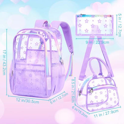 gxtvo 3PCS Clear School Backpack Heavy-Duty Set for Women & Teen Girls, 17" Purple See Through Bookbag with Rainbow Strap, Cute Star Transparent Bag - color: Purple Star Rainbow Clear Backpack Set