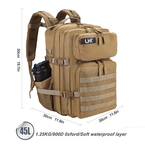 LHI Military Tactical Backpack for Men and Women 45L Army 3 Days Assault Pack Bag Large Rucksack with Molle System - color: 3.3 Khaki