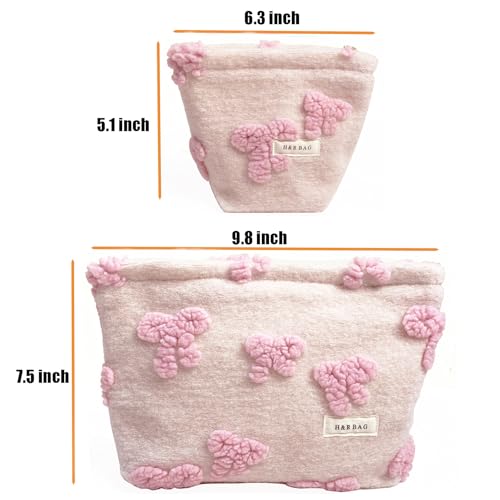 getgto 2 Pcs Makeup Bags, Large Cosmetic Bag Travel Toiletry Bag Organizer for Women, Plush Makeup Bag Small Cosmetic Pouch Purse with Zipper Gifts for Girls Teen - color: Girly pink