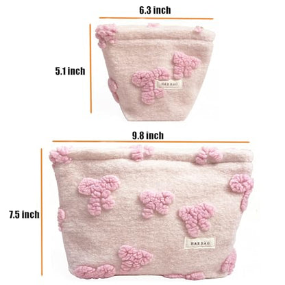 getgto 2 Pcs Makeup Bags, Large Cosmetic Bag Travel Toiletry Bag Organizer for Women, Plush Makeup Bag Small Cosmetic Pouch Purse with Zipper Gifts for Girls Teen - color: Girly pink