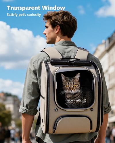Pecute Cat Backpack Carrier Expandable, Large Space Cat Bubble Backpack, Breathable Cat Carrier, Shaded Dog Backpack Carrier for Travel, Hiking, Vet,12.6" L x 10.2" W x 16.5" H, Khaki - color: Khaki(Expandable)