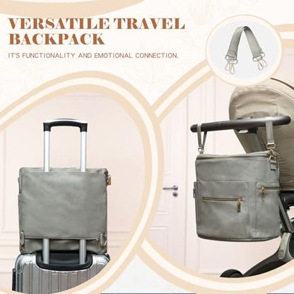 miss fong Large Leather Diaper Bag Backpack with Diaper Changing Pad | Diaper Backpack with 16 Pockets ,Stroller Straps & 2 Insulated Pockets - color: Premium Grey