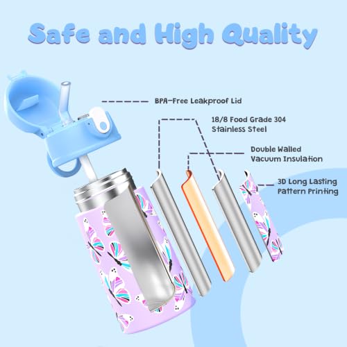 Kids Backpack for Girls 5-8, 4PCS Toddler Backpack with 13oz Kids Insulated Water Bottle, Lunch Box and Pencil Case, Girls Bookbag Schoolbag for Primary Kindergarten Elementary School - color: Purple Blue Butterfly