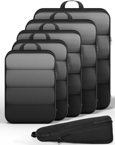 Veken 6/9/11 Set Compression Packing Cubes for Travel Essentials,Compressible Expandable Luggage Suitcase Organizer Bags for Clothing,Space Saver Storage Bags with Over 1000 pcs of Mesh Holes(Black) - color: Black, size: 6 set