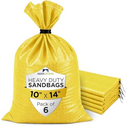 Heavy Duty Sand Bags Pack of 6, Bright Yellow Empty Sandbags with Built-In Ties, Woven Polypropylene UV Protection 1600 Hours, Fillable Bags for Flood Control, Weight, 10x14 inches, 15 Pounds Volume - size: 10"W x 14"L, style: Pack of 6