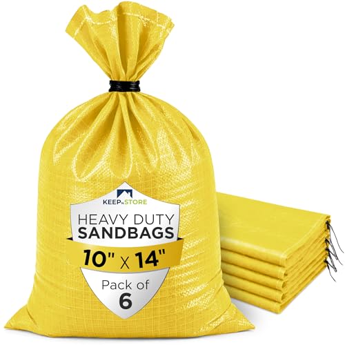 Heavy Duty Sand Bags Pack of 6, Bright Yellow Empty Sandbags with Built-In Ties, Woven Polypropylene UV Protection 1600 Hours, Fillable Bags for Flood Control, Weight, 10x14 inches, 15 Pounds Volume - size: 10"W x 14"L, style: Pack of 6