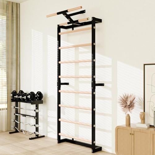 Swedish Ladder, Wood Stall Bars Suspension Trainer with Pull-Up Bar & Rings for Straps, Swedish ladders Wall Gym Adult, Wall-Mounted Workout Ladder