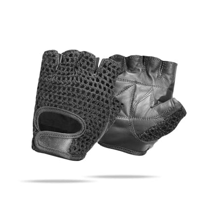 Leather Padded Crochet Back Breathable Fingerless Weight Lifting, Cycling Workout Gloves, Black (Medium)