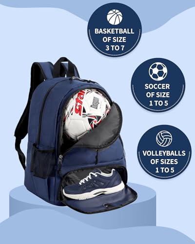 Basketball Bag Backpack for Men Women with Ball & Shoes Compartment 30L Capacity Lightweight Breathable Boys Girls Soccer Ball Bag Backpack Fit Volleyball Football Sports Travel School Gym - color: TK8Navy