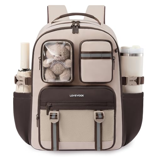 LOVEVOOK Cute School Backpack for Girls Ages 8-14, Bookbag with Plush Bear & Clear Display Pocket, Fits 15.6 Inch Laptop & 40oz Tumbler, Back to School Backpack for Elementary & Middle School - color: Brown / Nude, size: 15.6 Inch