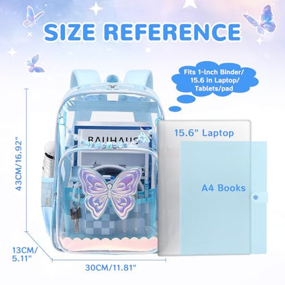 MUSEVOS Clear Backpack for School, Clear Bookbag for Girls PVC Heavy Duty Transparent Backpack, Blue Butterfly - color: Blue
