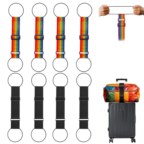 8PCS Multi Use Strong Adjustable Luggage Connector Straps, Add a Bag Easy to Travel Suitcase Elastic Strap Belt for Secure Stacking, Hands-Free Travel & Bag Attachment (Black & Rainbow) - color: 4black +4 colorful