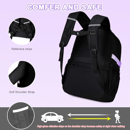 Scothen 3PCS Girls Backpack for School, Kids Backpack for Girls with Lunch Bag Pencil Case, Kids Bookbag Teen Backpacks for Elementary Middle High School (Black-Purple) - color: Black-purple