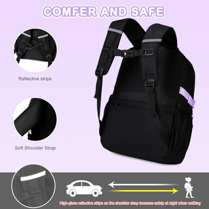 Scothen 3PCS Girls Backpack for School, Kids Backpack for Girls with Lunch Bag Pencil Case, Kids Bookbag Teen Backpacks for Elementary Middle High School (Black-Purple) - color: Black-purple