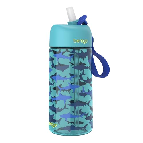 Bentgo Kids Water Bottle - Leak-Proof, Durable Tritan PFAS- & BPA-Free 15 fl oz, Kids/Toddlers Ages 3+ for School & Sports; Bite & Sip Spout, Carrying Handle, Dishwasher Safe (Sharks) - color: Shark