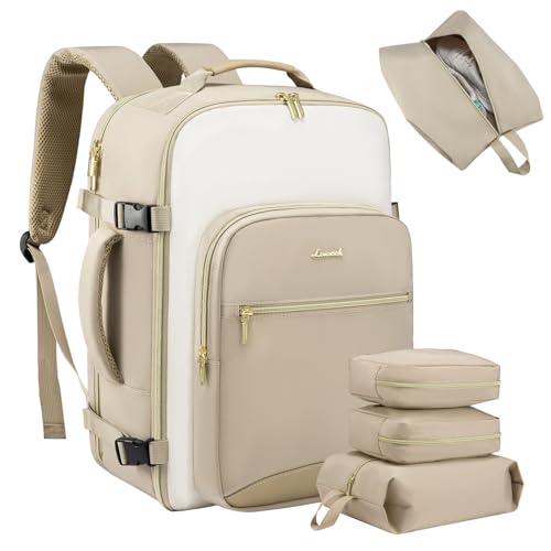 LOVEVOOK 40L Large Travel Backpack for Women Men, 17 Inch Carry on Backpack for Traveling on Airplane, Personal Item Travel Bag Airline Approved, Business Causal Weekender Backpacks - color: Khaki-beige-medium Khaki, size: 40L-17.3 Inch-4Pcs