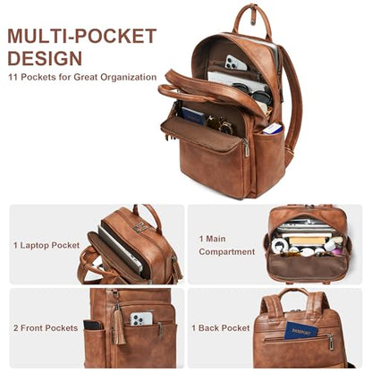Shrrie Laptop Backpack for Women 15.6 inch Travel Leather Backpack Purse Work Computer Backpacks for Business College Brown - color: Brown