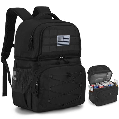 Tactical Double Deck Cooler Backpack for Men, Insulated Cooler Bag with 2 Compartment, 36 Cans Soft Military Insulated Lunch Backpack Waterproof Leakproof for Beach, Camping, Picnic, Hiking - color: Black