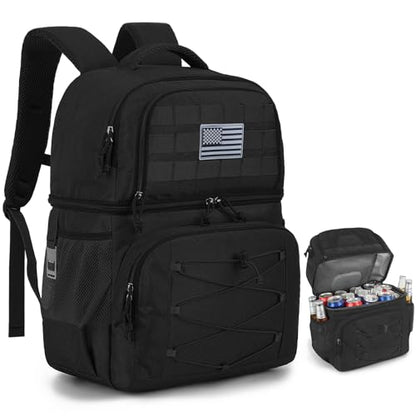 Tactical Double Deck Cooler Backpack for Men, Insulated Cooler Bag with 2 Compartment, 36 Cans Soft Military Insulated Lunch Backpack Waterproof Leakproof for Beach, Camping, Picnic, Hiking - color: Black