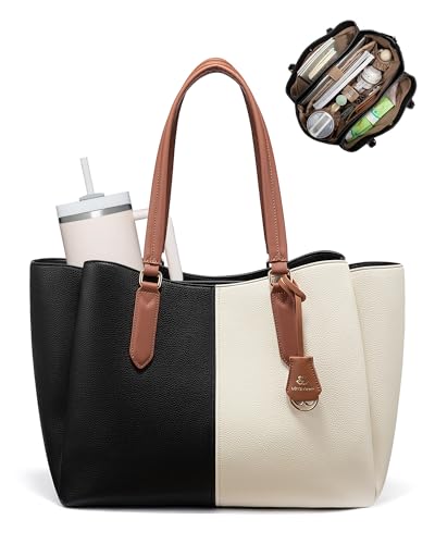 LOVEVOOK Laptop Tote Bag for Women 15.6 In Work Bags with Triple Compartments Large Faux Leather Computer Office Briefcase - color: Black/Off-white, size: 15.6 Inch