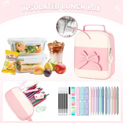 Kids Backpack for Girls, 3PCS School Backpack Set with Insulated Lunch Box & Pencil Case, Waterproof Lightweight Bookbag for Elementary & Middle School, Cute Bow Travel Daypack Pink-Beige - color: Pink-beige