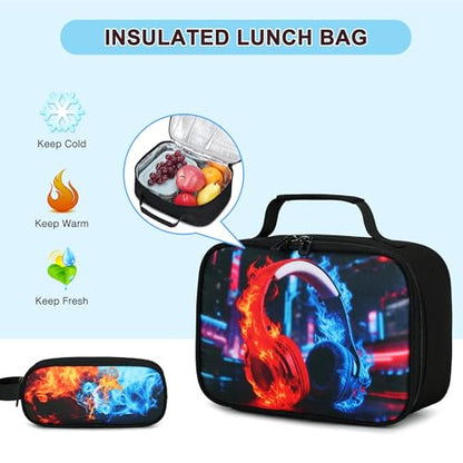 3PCS School Backpack for Boys, Cool Gamer Boys Backpack with Lunch Box and Pencil Case for Kids Kindergarten Teens Elementary Middle School Bag with Convenient Charging Port,Gaming Bookbag Waterproof - color: Red & Blue Flame Headphones
