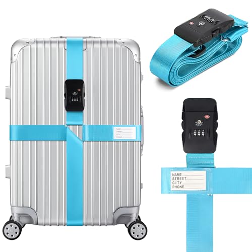 Luggage Straps TSA Approved with Combination Lock, Adjustable Suitcase Belts for 20"-32" Luggage, with Name ID Card for Identify, Travel Airport Accessories for Checked Bags (Cross Blue) - color: Cross Blue