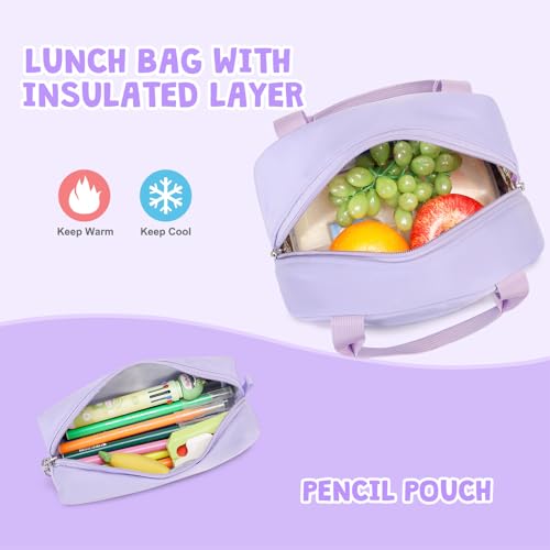 ACESAK Backpack for Girls - Girls Backpack with Lunch Bag & Pencil Pouch for Teen Kids Laptop Backpack for Women, Elementary Middle High School Bookbag Travel Daypack (Purple) - color: Purple