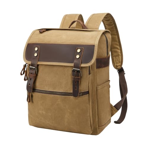 Waxed Canvas Vintage Backpack for Men Women, Khaki | Casual, Genuine Leather, Laptop Travel Rucksack - color: Khaki