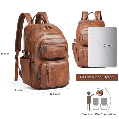 Vegan Leather Backpack, TSA Travel Backpack for Men and Women, Fits 17.0 Inch Laptop with Luggage Strap, Brown - color: Brown