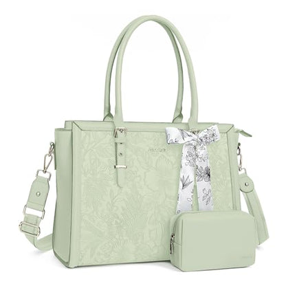 MOSISO Laptop Bag for Women, 17-17.3 inch PU Leather Tote Bag Compatible with MacBook, HP, Dell, Asus Notebook, Front Embossed Retro Hibiscus Computer Bags with Silk Scarf&Clutch Purse, Sage Green - color: Sage Green, size: 17.3 inch